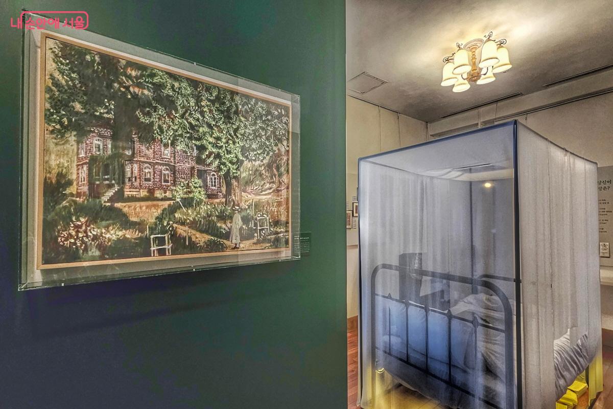 김주사의 외손자가 그린 ‘1926년 이전 딜쿠샤와 은행나무 앞의 김주사’와 옛 사진 ©이선미 