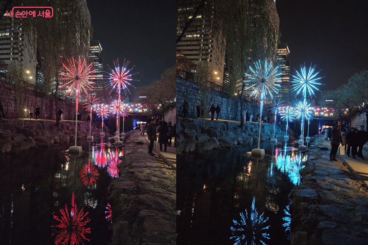  불꽃놀이를 연상시키는 청계천 물빛에 비친 형형색색으로 바뀐다.&copy;장미화