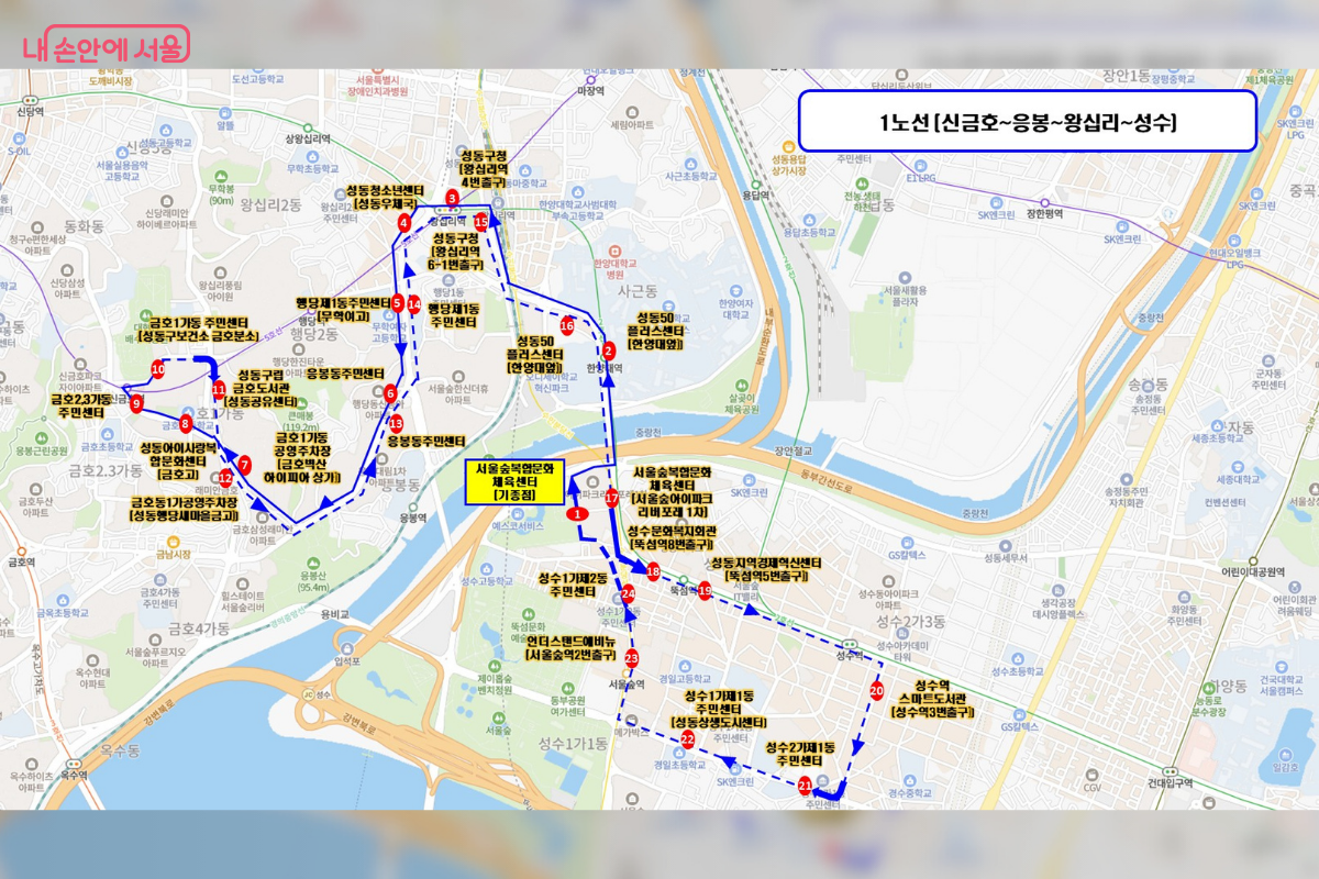 성동구 지도 위에 파란색 실선으로 표시된 '성공버스 1노선' 운행 노선도이다. '신금호~응봉~왕십리~성수'를 잇는 경로가 표시되어 있으며, 서울숲복합문화체육센터를 기점으로 금호동, 행당동, 성수동의 주요 거점을 순환하는 노선임을 보여준다. ©성동구청
