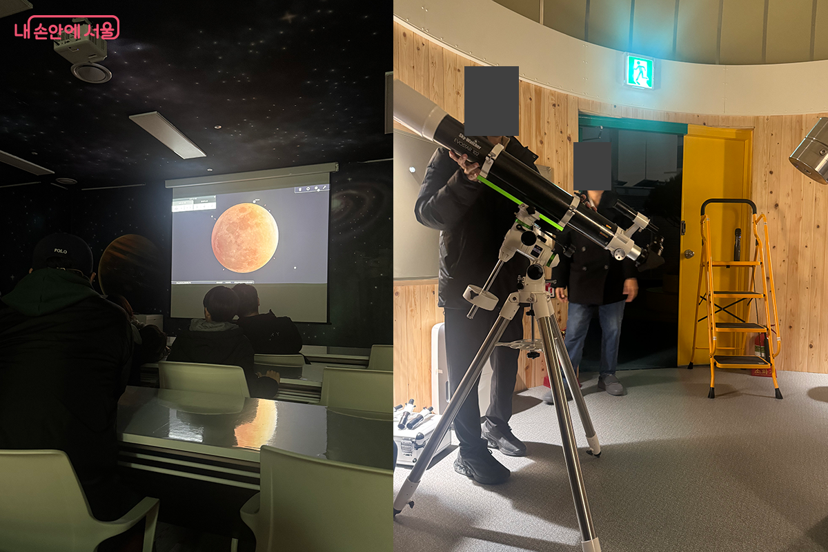 (좌)교육실에서 간단한 설명을 듣고 천문대로 이동한다. (우)옥상 천문대에서 기구를 설명해주고 있다. &copy;김태희