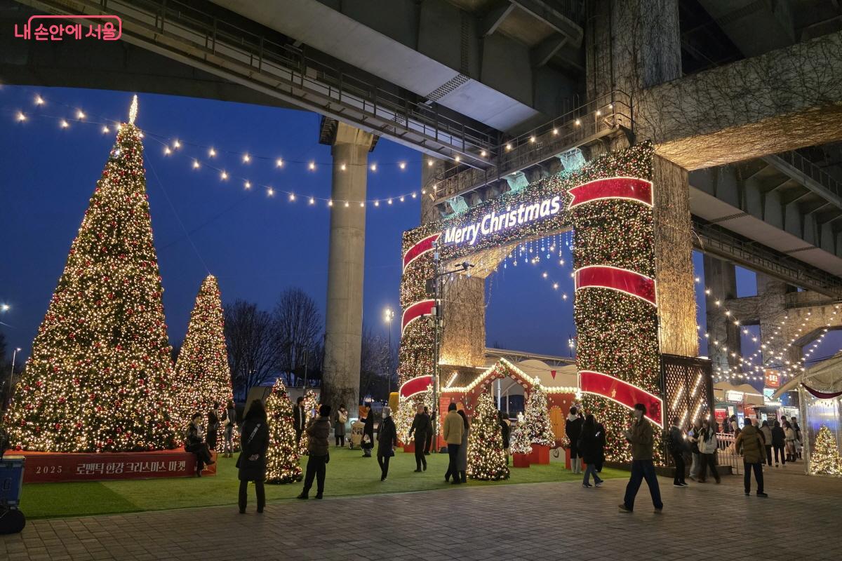 청담대교 하부에 대형 크리스마스 트리들이 숲을 이룬 &lsquo;로맨틱 포레스트&rsquo;가 조성되었다. ⓒ이선미