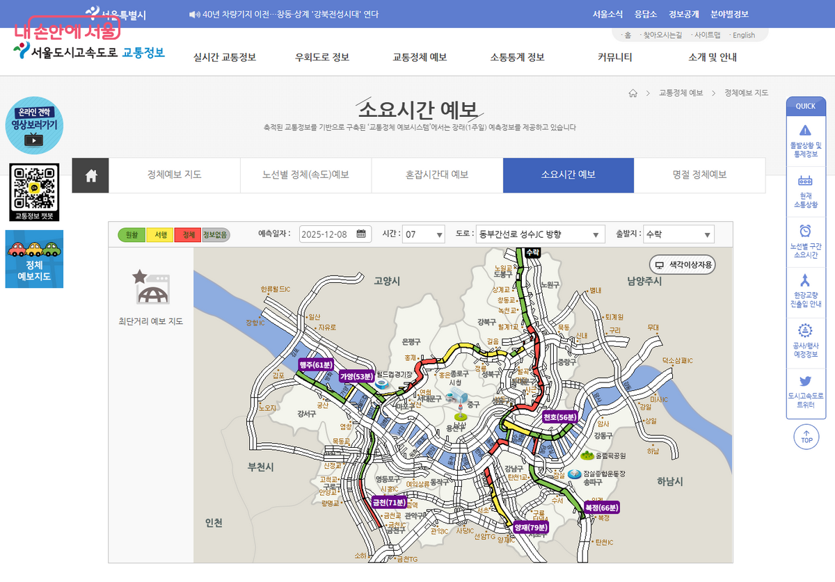 도시고속도로 소요시간 교통예보 ©서울시설공단