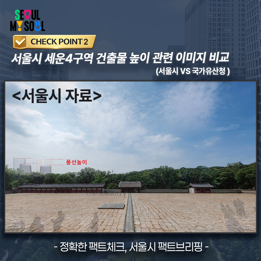 체크포인트 2. 
서울시 세운4구역 건축물 높이 관련 이미지 비교(서울시 vs 국가유산청)
<서울시 자료>