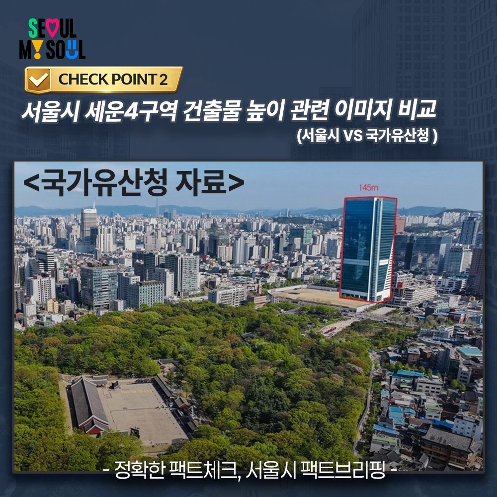 체크포인트 3. 
서울시 세운4구역 건축물 높이 관련 이미지 비교 (서울시 vs 국가유산청)
<국가유산청 자료>