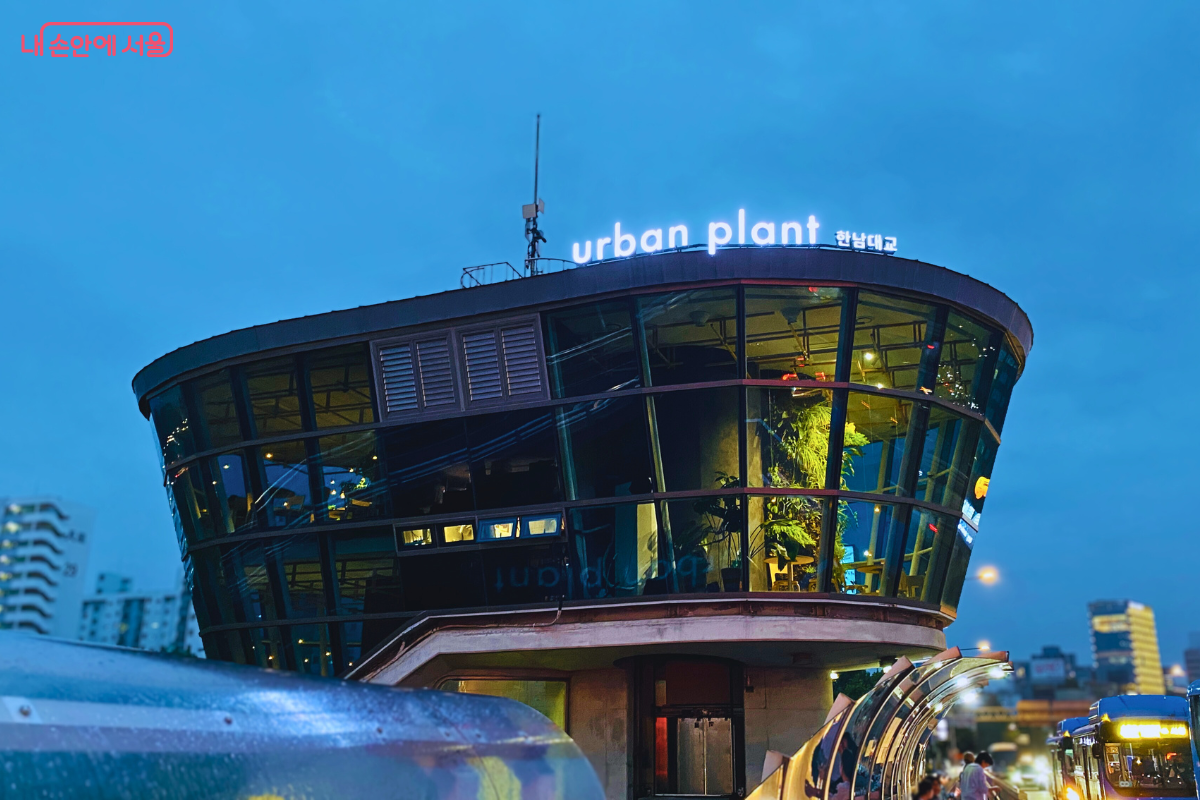 밤의 어둠 속에서 밝게 빛나는 카페 건물의 외관 야경이다. 건물 옥상에는 'urban plant 한남대교'라는 하얀색 네온 간판이 선명하게 빛나고 있다. 도로 위에는 차들이 라이트를 켜고 지나가고 있으며 건물의 통유리창을 통해 내부의 따뜻한 조명이 밖으로 새어 나온다. &copy;양정화