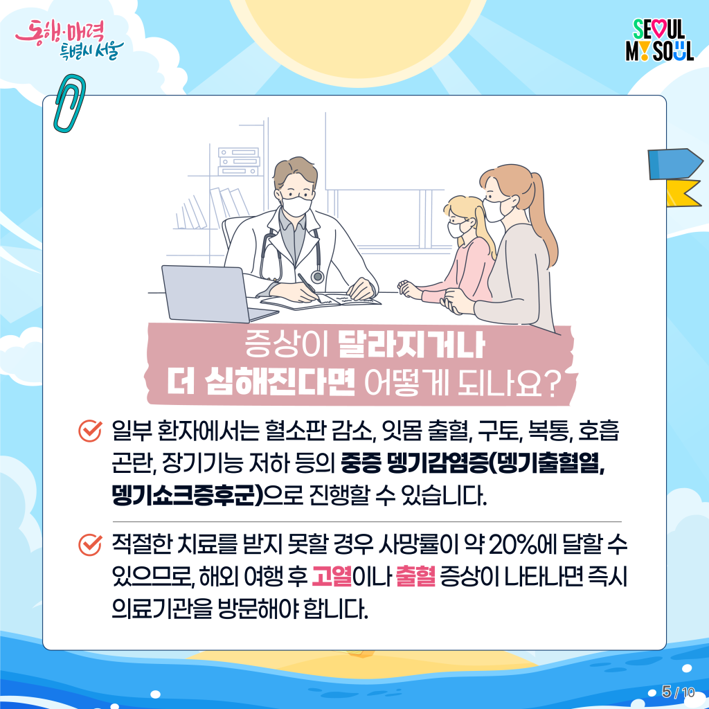 증상이 달라지거나 더 심해진다면 어떻게 되나요?
-일부 환자에서는 혈소판 감소, 잇몸 출혈, 구토, 복통, 호흡곤란, 장기기능 저하 등의 중증 뎅기감염증(뎅기출혈열, 뎅기쇼크증후군)으로 진행할 수 있습니다.
-적절한 치료를 받지 못할 경우 사망률이 약 20%에 달할 수 있으므로, 해외 여행 후 고열이나 출혈 증상이 나타나면 즉시 의료기관을 방문해야 합니다.