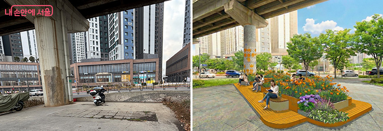 왕십리로 고가하부(좌)와 ‘모듈형 정원’ 조성 예상도(우)