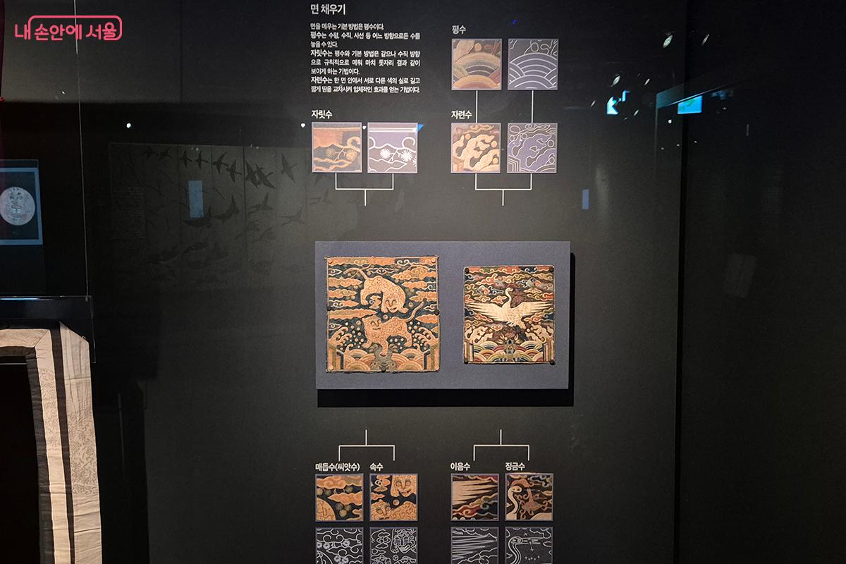 조선시대 관복에 부착하여 신분과 지위를 나타내던 흉배와 자수기법에 대해 설명하고 있다. &copy;정향선