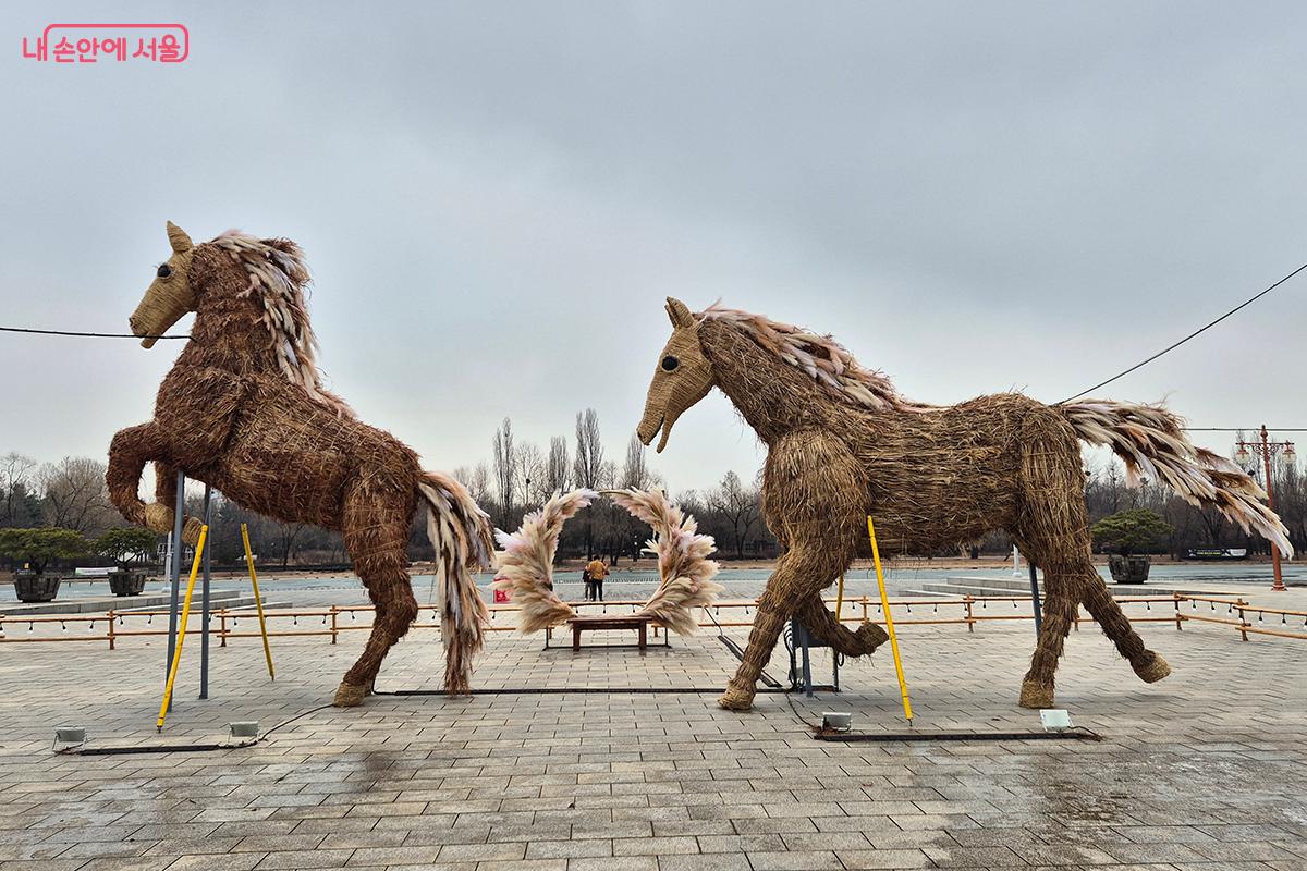 병오년 붉은말의 해를 상징하는 두 마리의 형제말들이 힘차게 도약하고 있다.