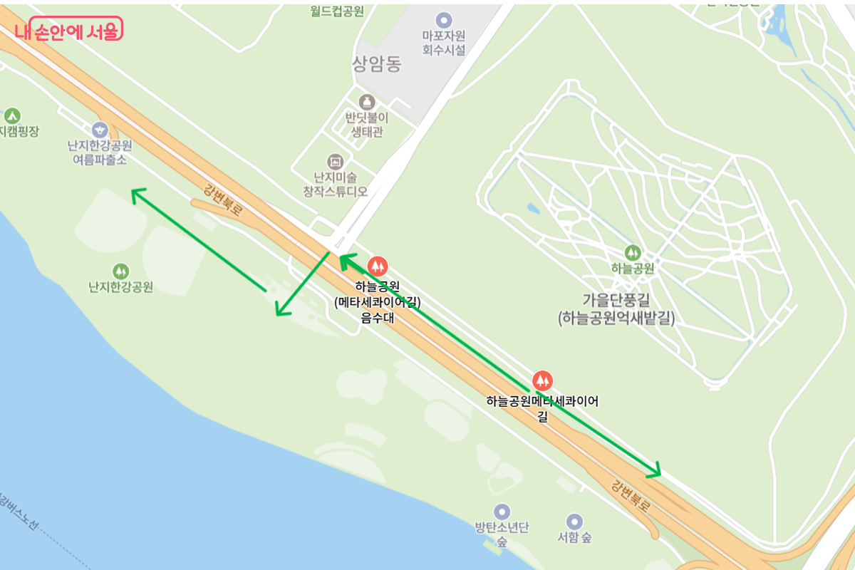 메타세쿼이아길과 난지한강공원의 지도 따라 가보면 풍광이 좋다. &copy;네이버 지도