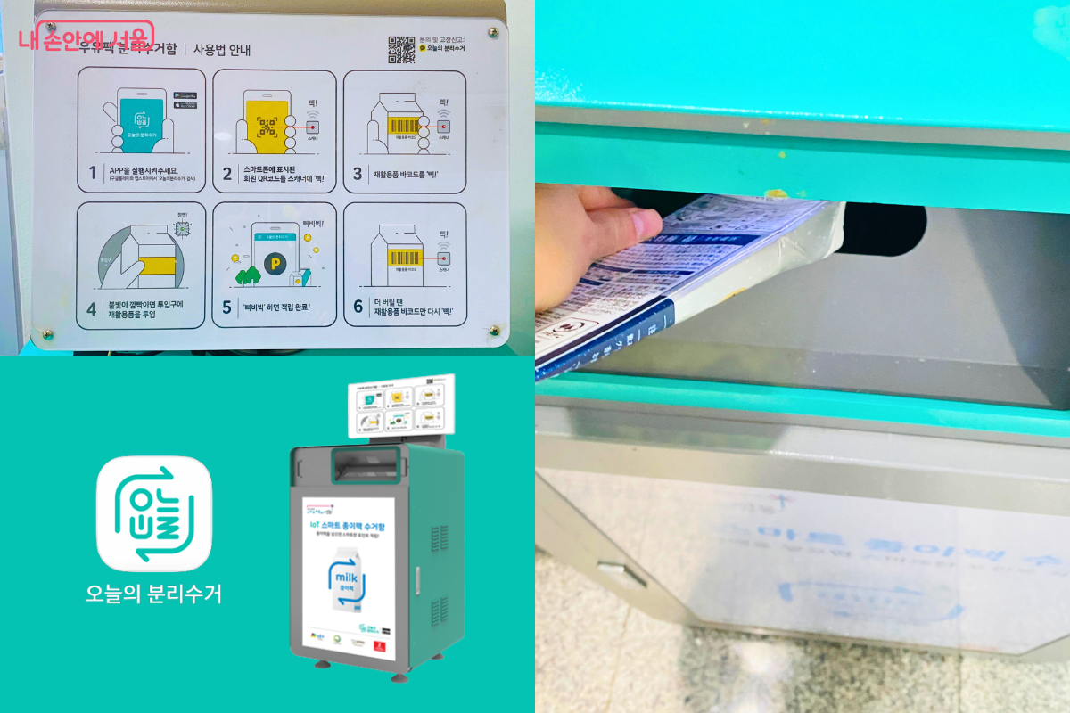 세 장의 이미지가 합쳐진 구성이다. 왼쪽 상단은 기기 사용법 안내판, 오른쪽은 실제 투입구에 납작하게 접은 종이팩을 넣고 있는 사람의 손 모습, 왼쪽 하단은 '오늘의 분리수거' 앱 로고와 수거함 모습이 있다. 앱을 통해 위치를 확인하고 현장에서 직접 배출하는 일련의 과정을 시각적으로 종합하여 보여준다.