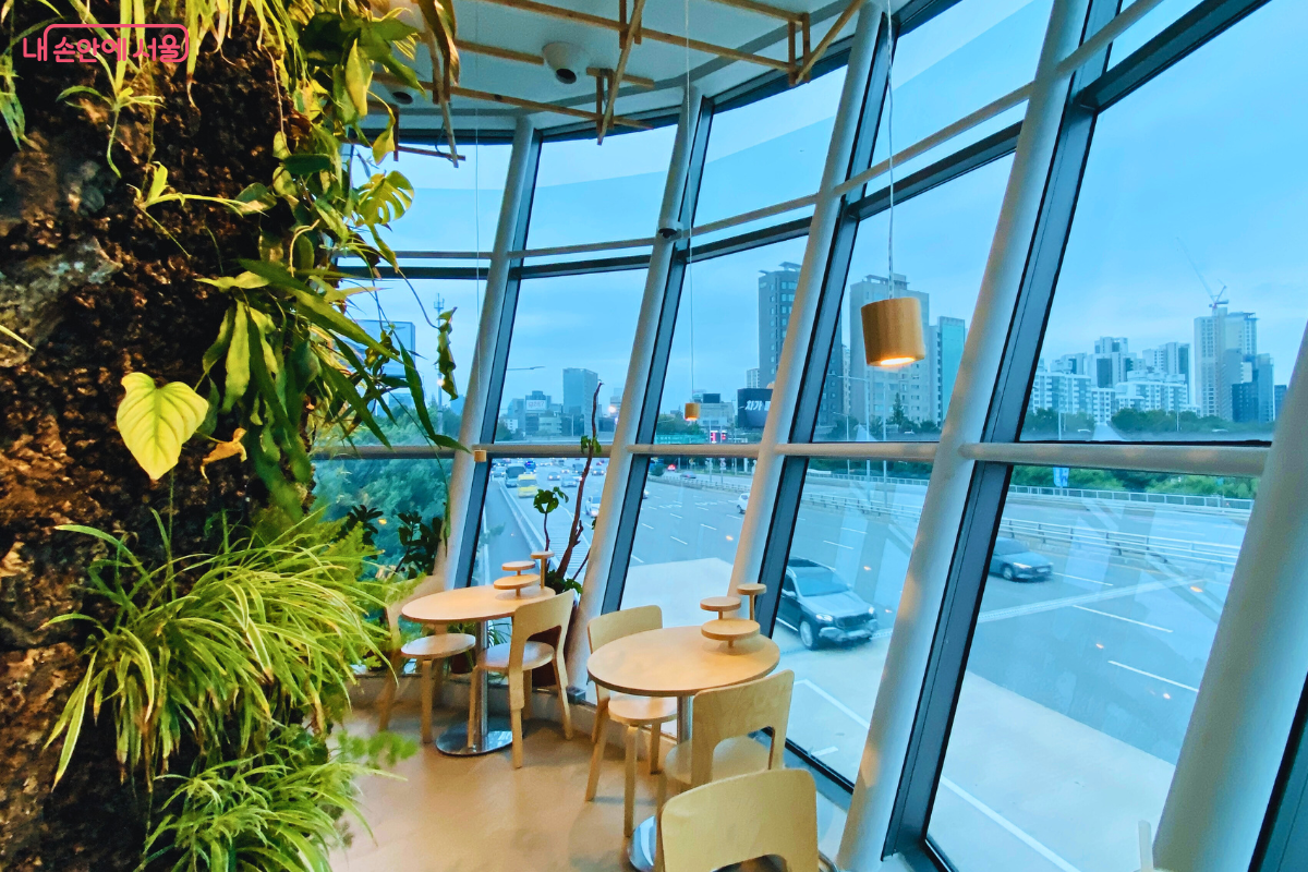 곡선형 통유리창을 따라 원형 나무 테이블이 나란히 배치된 모습이다. 창밖으로는 한남대교 도로를 달리는 자동차들과 멀리 도심의 건물들이 보이며, 실내 기둥은 이끼와 식물로 장식되어 있다. &copy;양정화