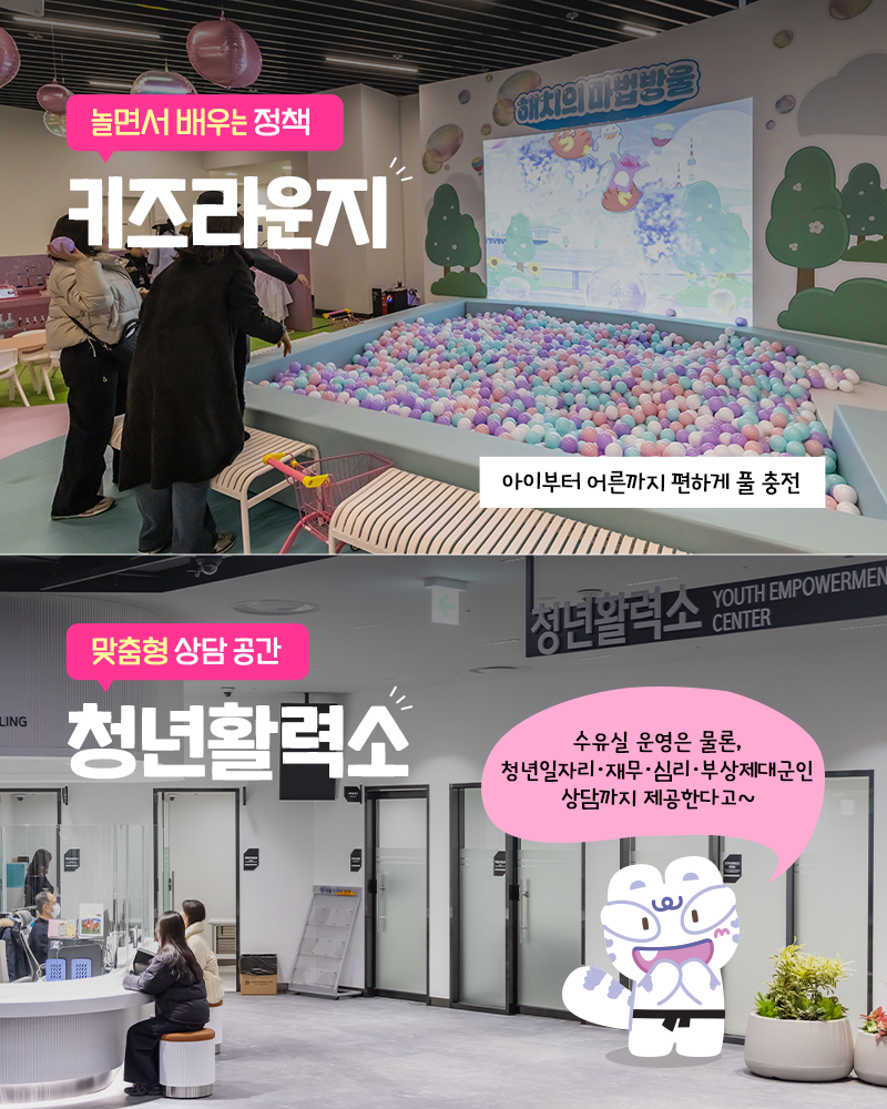 놀면서 배우는 정책
키즈라운지
아이부터 어른까지 편하게 풀 충전
맞춤형 상담 공간
청년활력소
수유실 운영은 물론, 청년일자리·재무·심리·부상제대군인 상담까지 제공한다고~