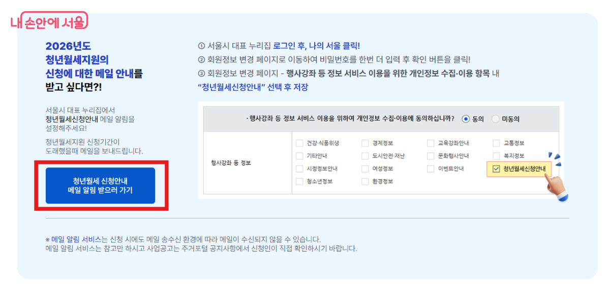 메일 알림 신청을 통해 서울시 청년월세지원 관련 소식을 미리 받아볼 수 있다. &copy;서울주거포털