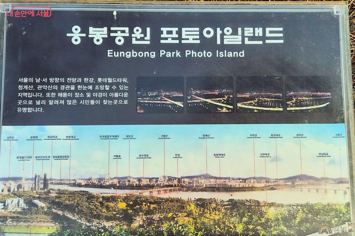 응봉공원 포토아일랜드 표지판에 한강 야경 사진과 조망 설명이 담긴 모습