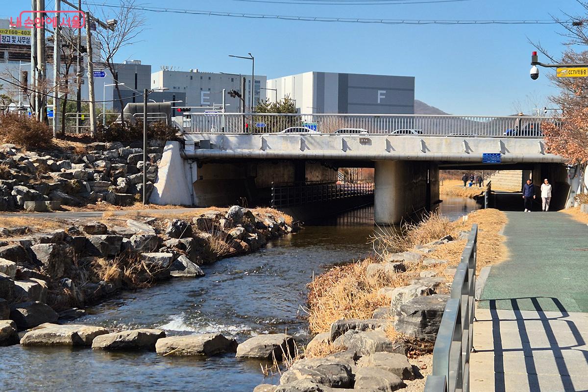 사자교를 지나 장지천으로 내려오면 자전거도로와 보행자도로가 길게 이어진다. ©정향선