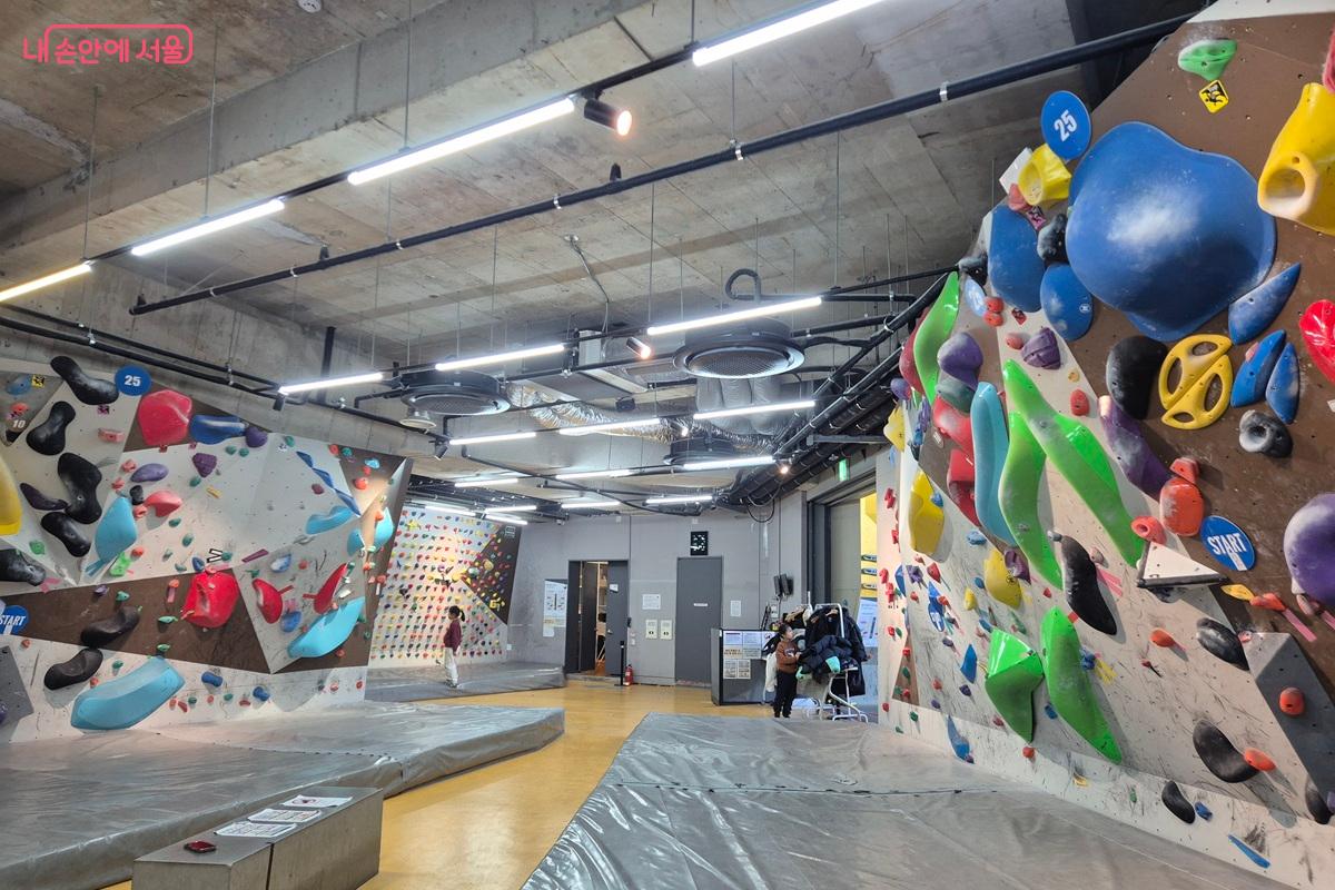 실내 양쪽 벽에 난이도에 따라 홀드가 빼곡히 설치되어 있다. &copy;마가은