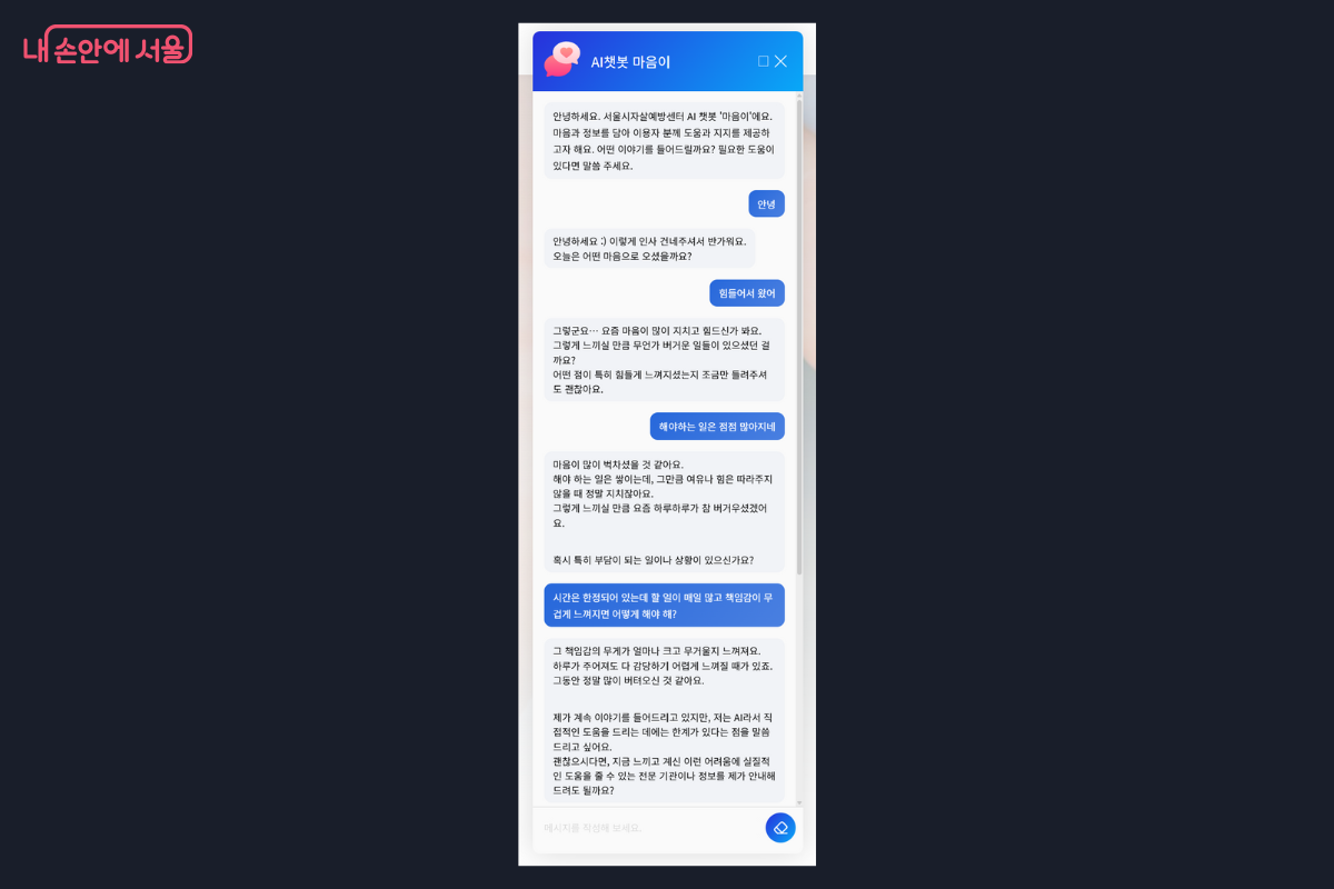 노트북으로 접속하여 마음이와 직접 상담한 내용 ⓒ서울시자살예방센터