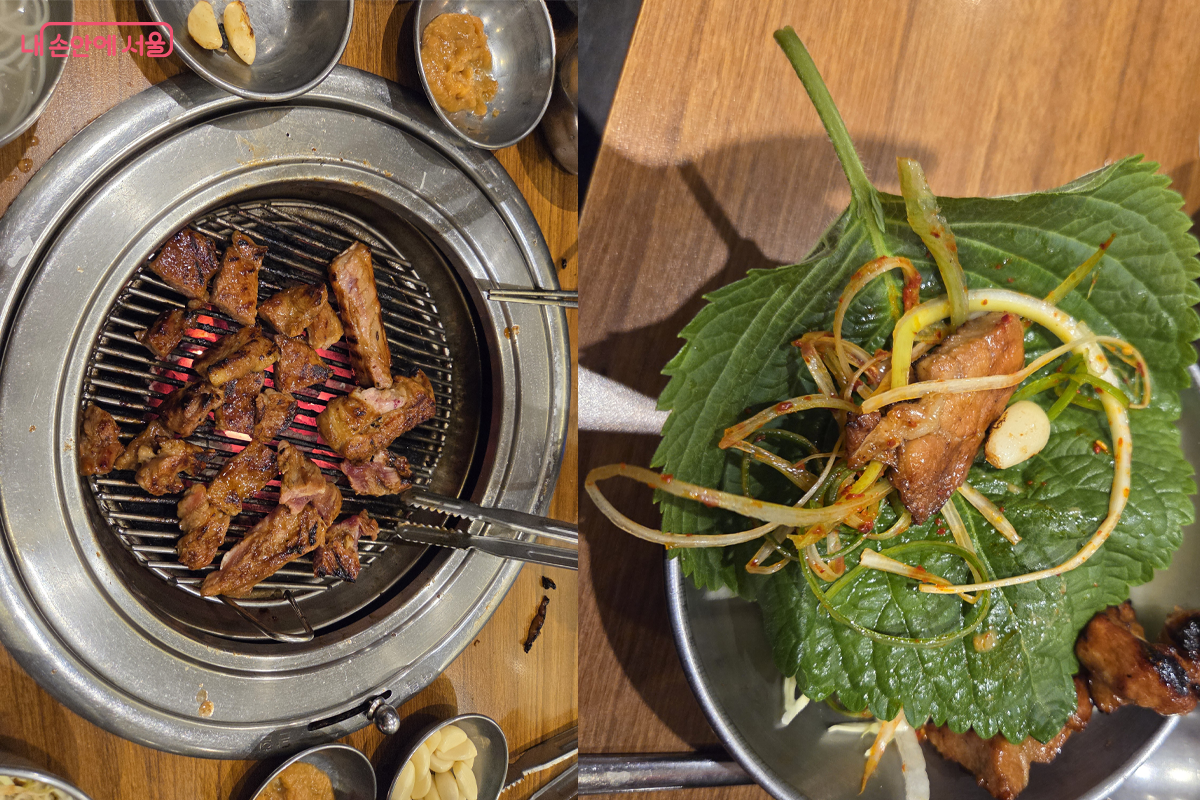 고기가 하나하나 익어지면 깻잎에 파무침,미늘 등 함께 곁들이면 맛나다.&copy;장미화