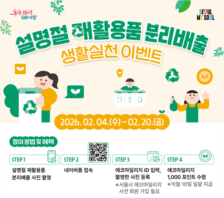 자원순환 문화 확산을 위해 &lsquo;설 명절 재활용품 분리배출 생활실천 캠페인&rsquo;이 진행된다. 