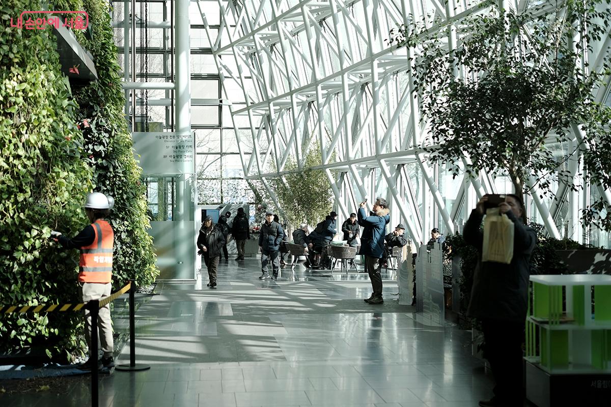 수직정원 &lsquo;서울림&rsquo;이 싱그러운 분위기를 자아내는 서울시청 1층 로비 &copy;김아름