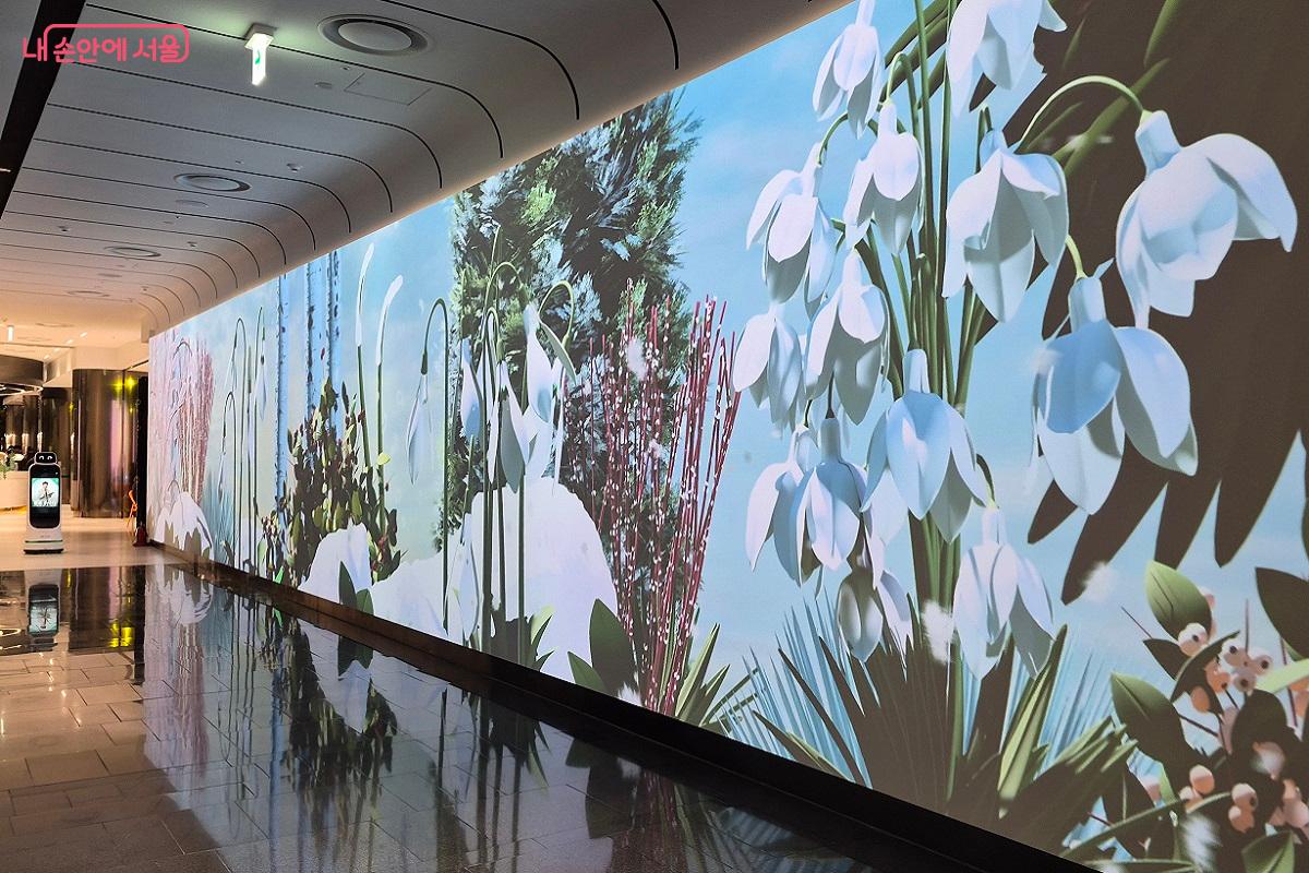 대형 미디어아트월과 안내로봇