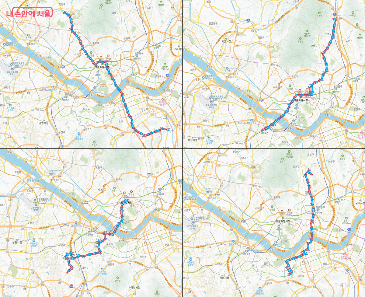 서울시가 운행 예정인 새벽동행 자율주행버스 노선도(노선은 변경될 수 있음. 두 번째는 현재 운행 중인 A160번) &copy;서울시