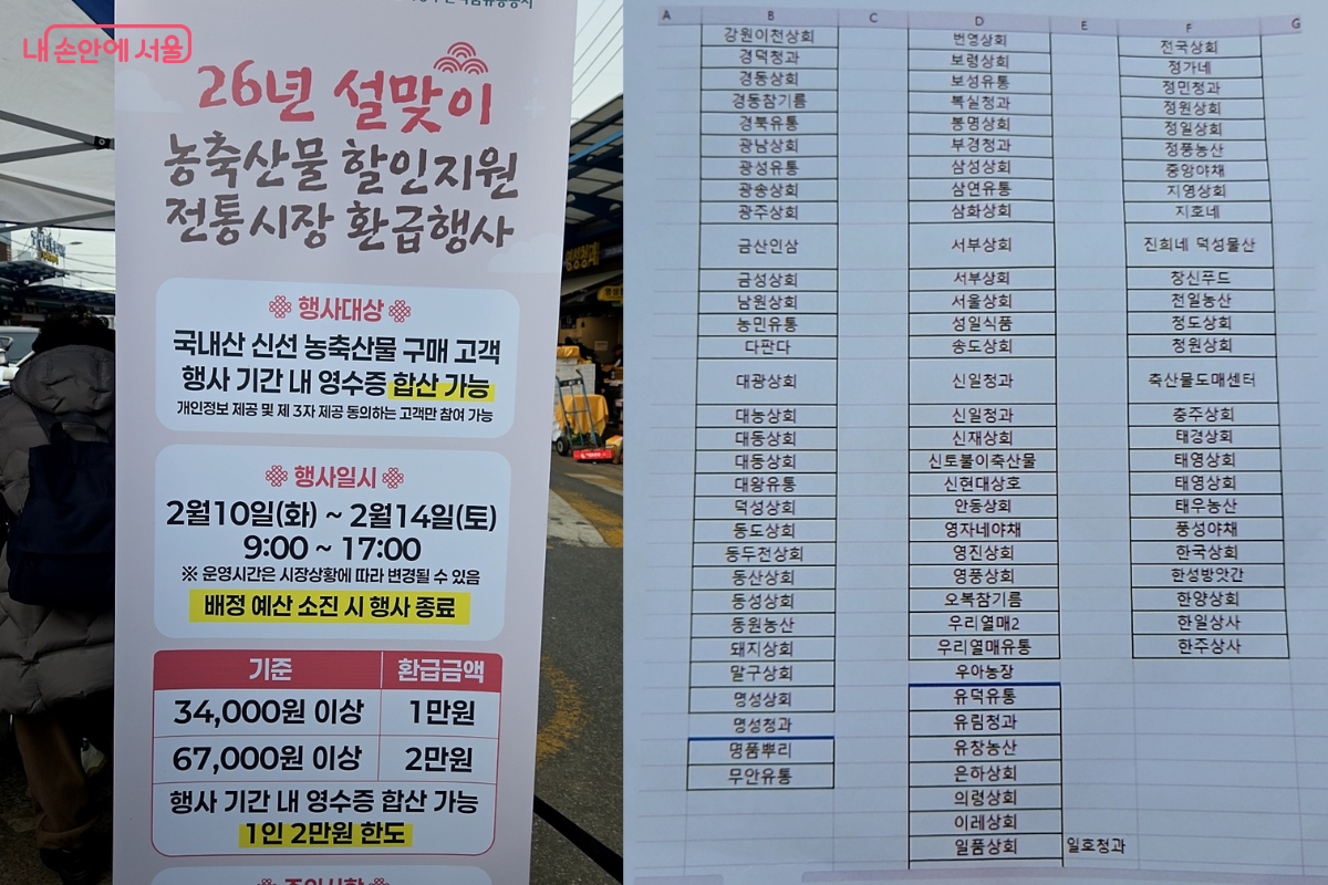 설맞이 농축산물 할인지원 전통시장 환급행사 안내 배너와 참여 점포 명단 &copy;김승아