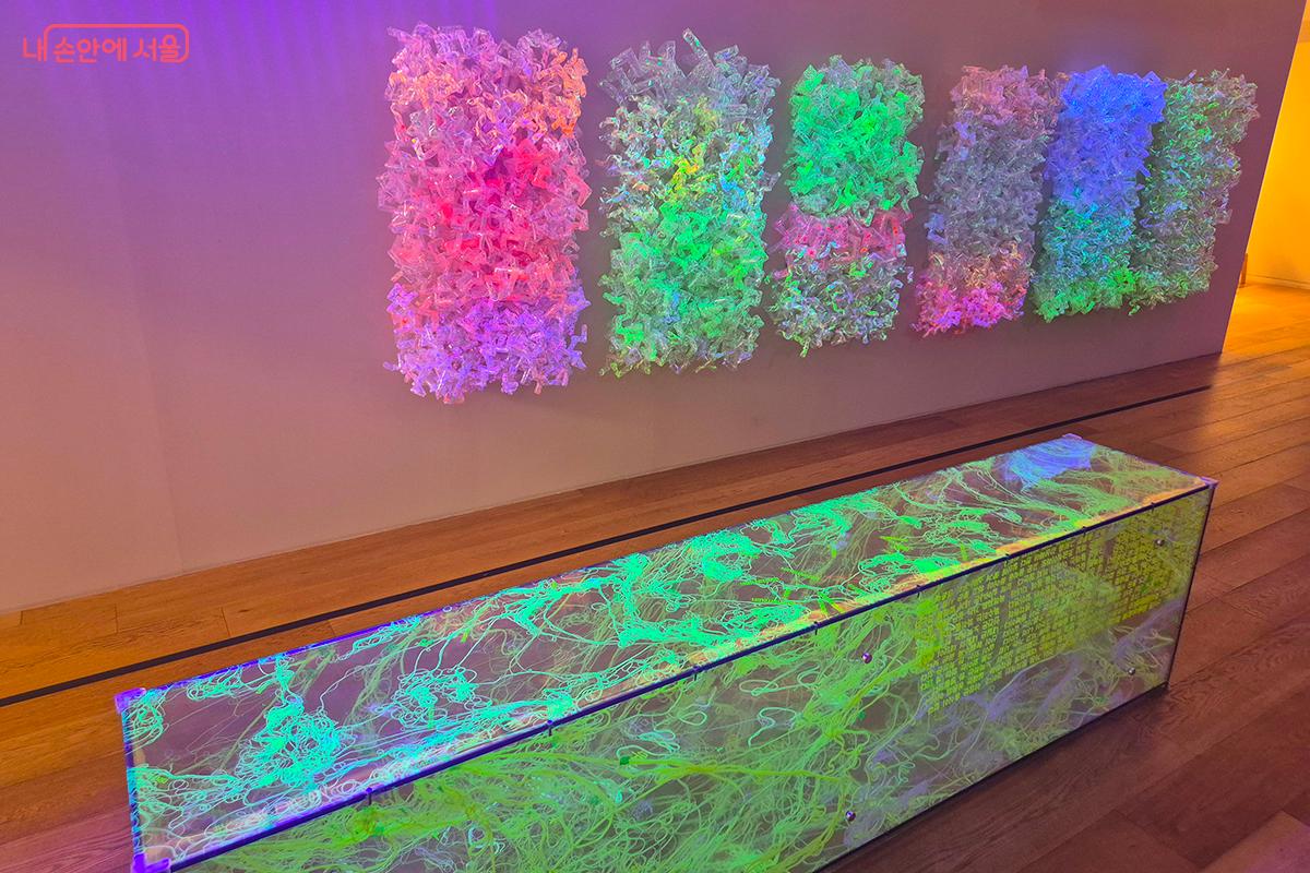 형광색 실을 주재료로 활용해 빛과 어둠, 색과 그림자를 표현한 작품들이 블랙라이트 조명 아래서 환상적인 분위기를 연출한다. &copy;백승훈