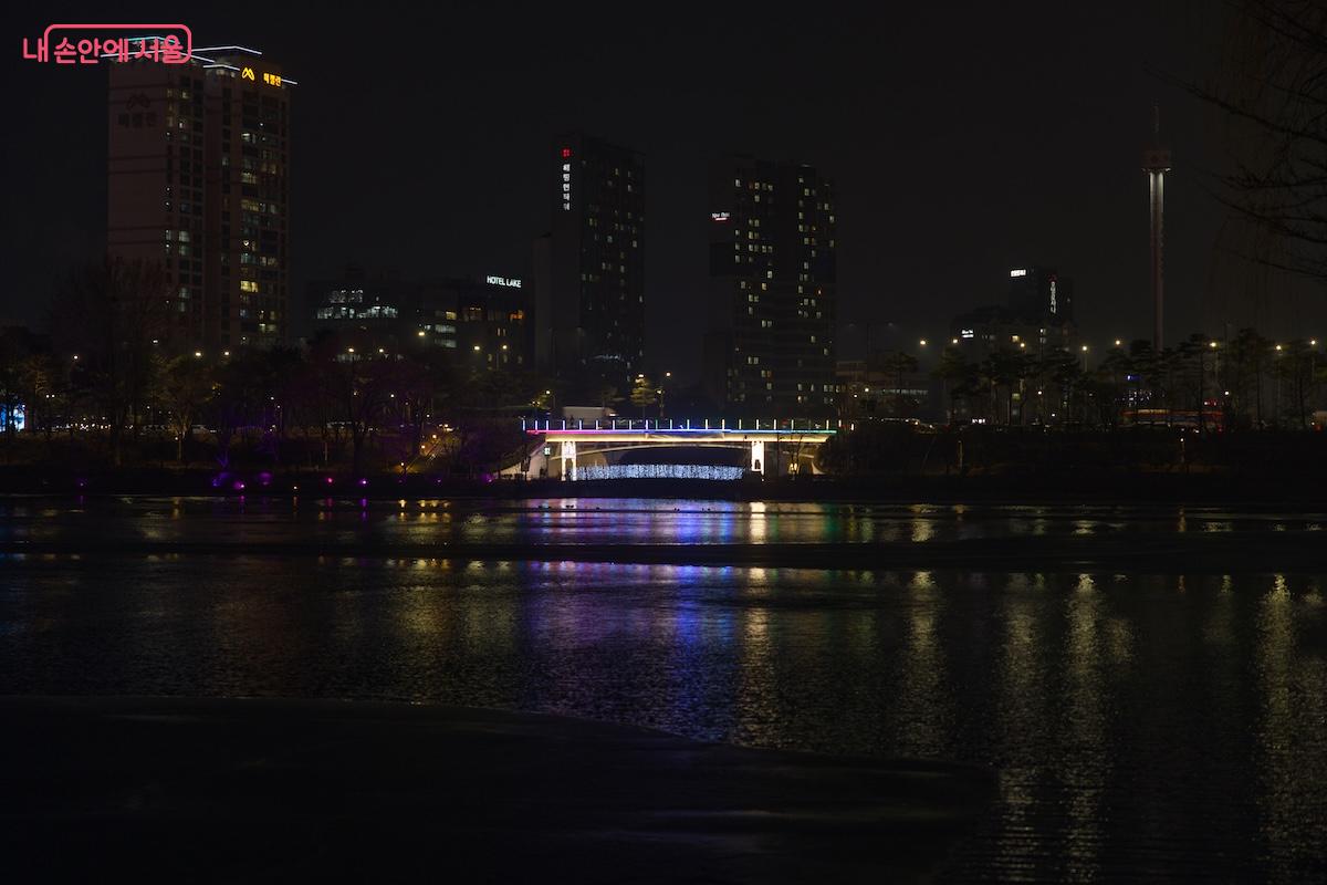 도시의 야경과 서초구 루미나리에가 만나 석촌호수 일대를 더욱 멋지게 장식하고 있다