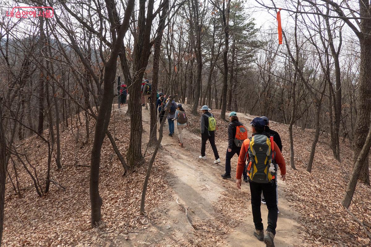 서울둘레길 오렌지색 안내 리본이 코스별 150개 이상 매달려 걷는 길을 돕는다. &copy;김인수