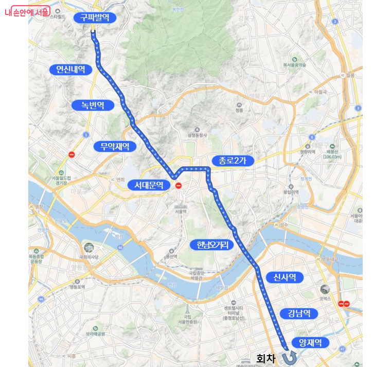 A741 노선도. 평일 새벽 3시 30분 구파발역에서 출발해 양재역까지 왕복 1회 운행한다.
