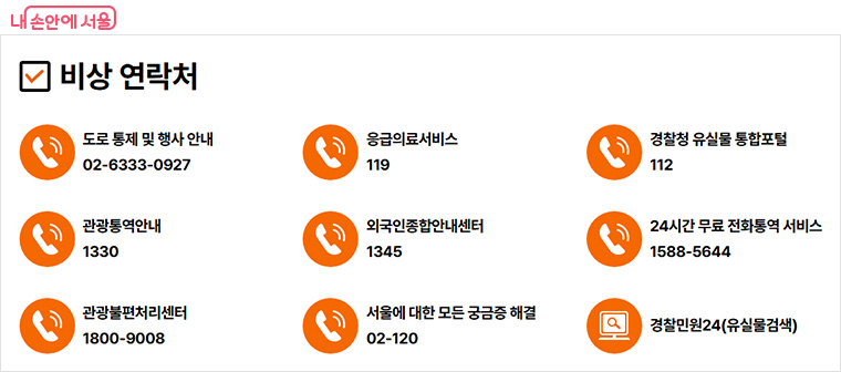 교통&middot;안전 종합안내 페이지에 소개된 비상연락처 