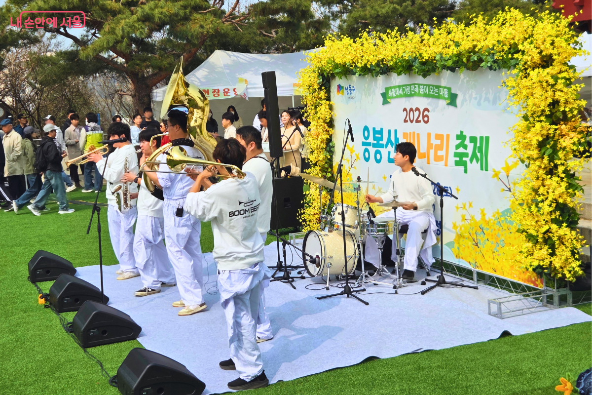 흰색 단체복을 입은 브라스 밴드가 '2026 응봉산 개나리축제'라고 적힌 대형 현수막 앞에서 공연을 펼치고 있다. 트럼펫, 색소폰, 튜바, 드럼 등 다양한 악기를 연주하는 단원들의 모습이 역동적이다. 현수막 가장자리도 노란 개나리 조화로 장식되어 축제 분위기를 더한다. &copy;신창근