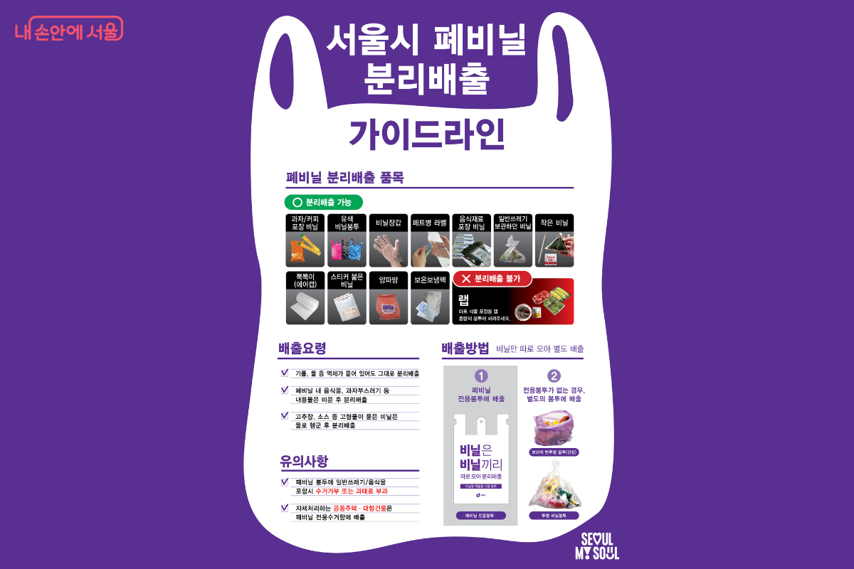 보라색 바탕에 커다란 흰색 비닐봉투 실루엣을 활용한 '서울시 폐비닐 분리배출 가이드라인' 포스터이다. 상단에는 분리배출 가능 품목으로 과자&middot;커피 봉지, 비닐장갑, 뽁뽁이(에어캡), 양파망 등 11가지가 사진과 함께 제시되어 있고, 불가능 품목으로 음식물이 묻은 '랩'이 표시되어 있다. 하단에는 기름이나 이물질이 묻은 비닐의 배출 요령(물로 헹구기 등)과 전용 봉투 혹은 별도의 투명 봉투에 담아 배출하는 방법이 단계별로 설명되어 있다. 