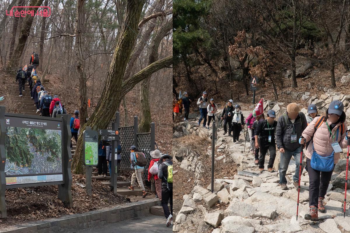 초반부터 오르막 돌계단과 바위길이 이어졌다. &copy;김경희