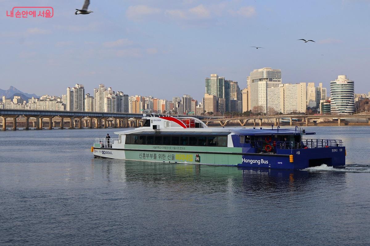 빌딩 숲을 배경으로 갈매기와 함께 한강 물결을 가르는 한강버스의 역동적인 항해 모습 ⓒ이봉덕