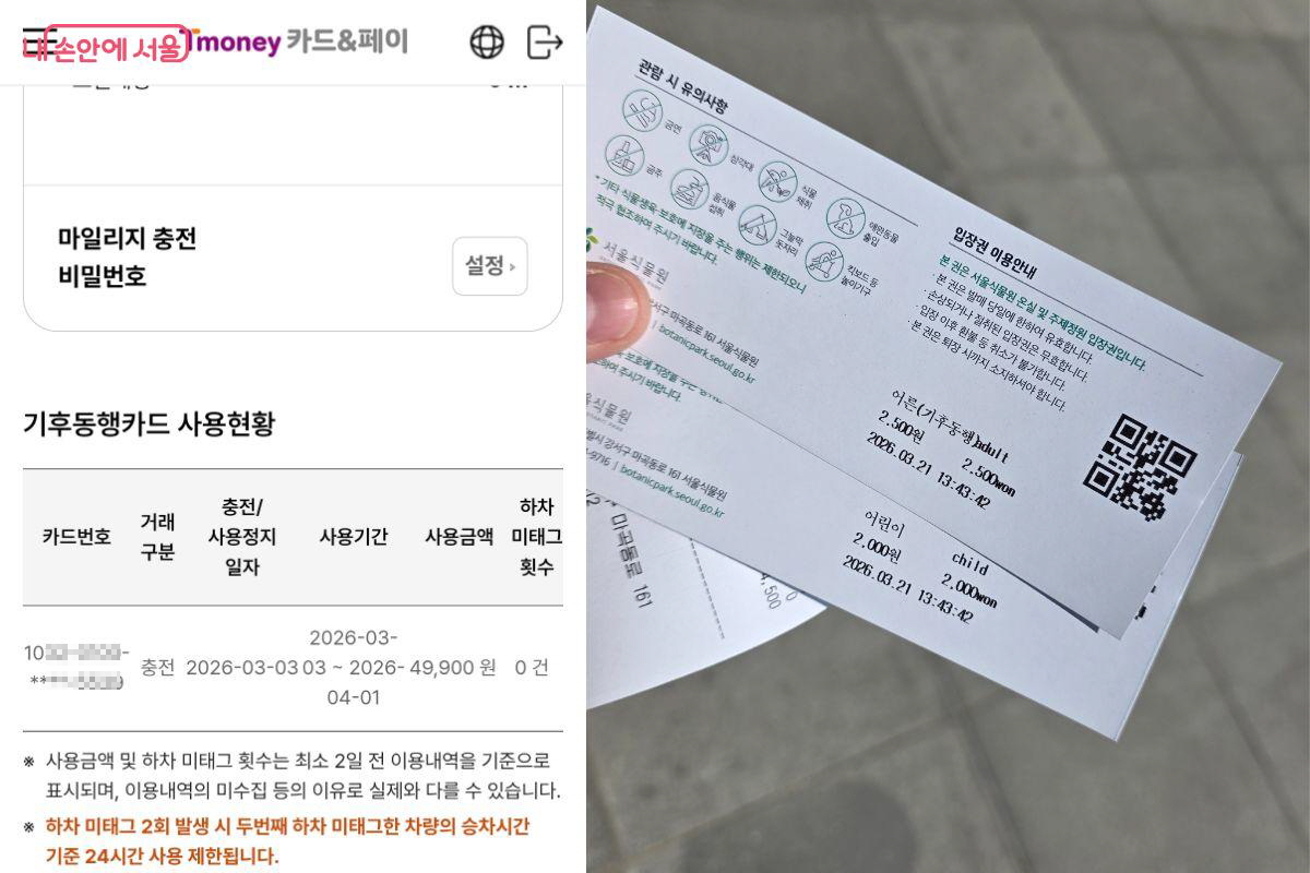 티머니 홈페이지에 로그인 해 실물 기후동행카드의 사용 기간 확인 후 입장권 50% 할인을 받을 수 있다.