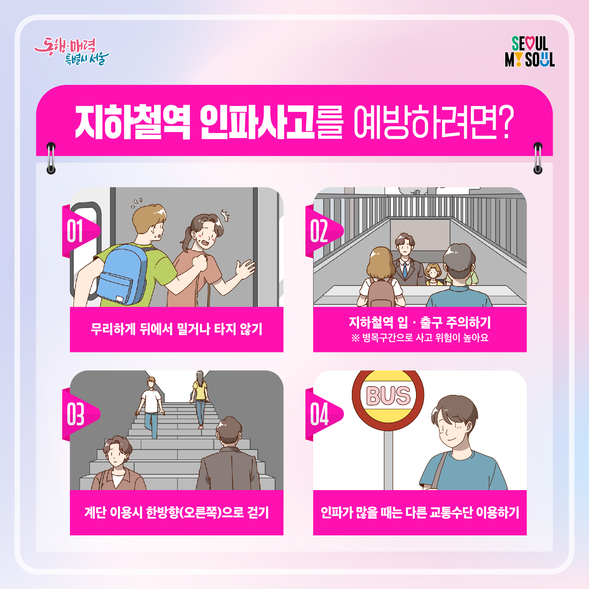 지하철역 인파사고를 예방하려면? 01 무리하게 뒤에서 밀거나 타지 않기 02 지하철역 입&middot;출구 주의하기 ※ 병목구간으로 사고 위험이 높아요 03 계단 이용시 한방향(오른쪽)으로 걷기 04 인파가 많을 때는 다른 교통수단 이용하기