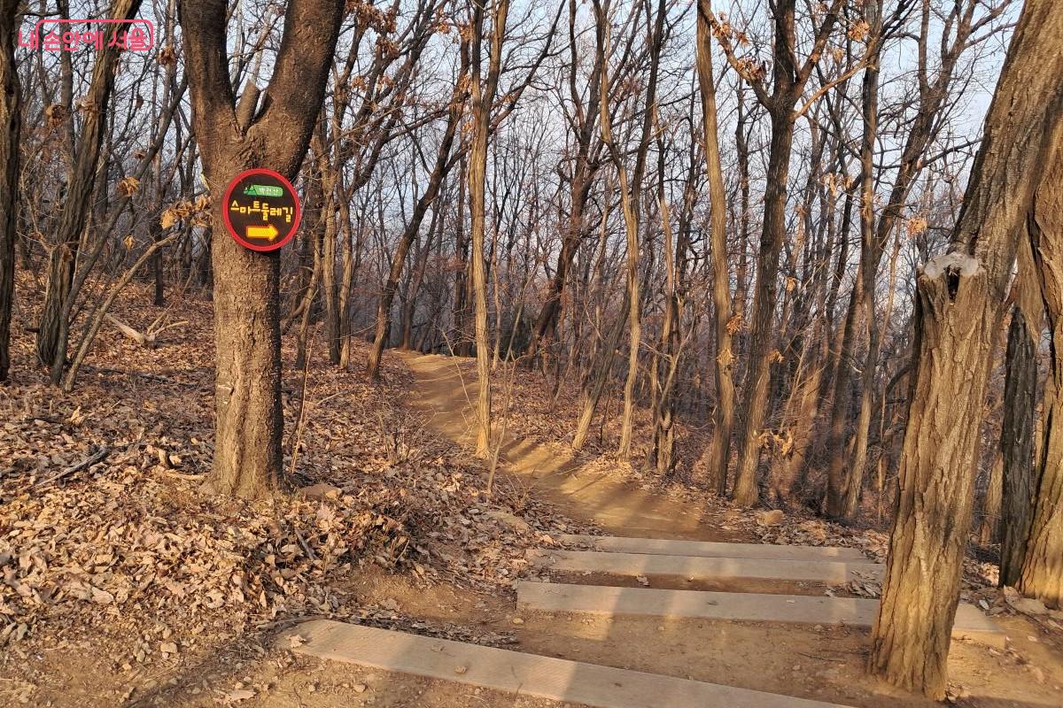 등산로를 더욱 재미 있게 즐길 수 있도록 나무 계단으로 정비되어 마련된 스마트 둘레길 ©장형진