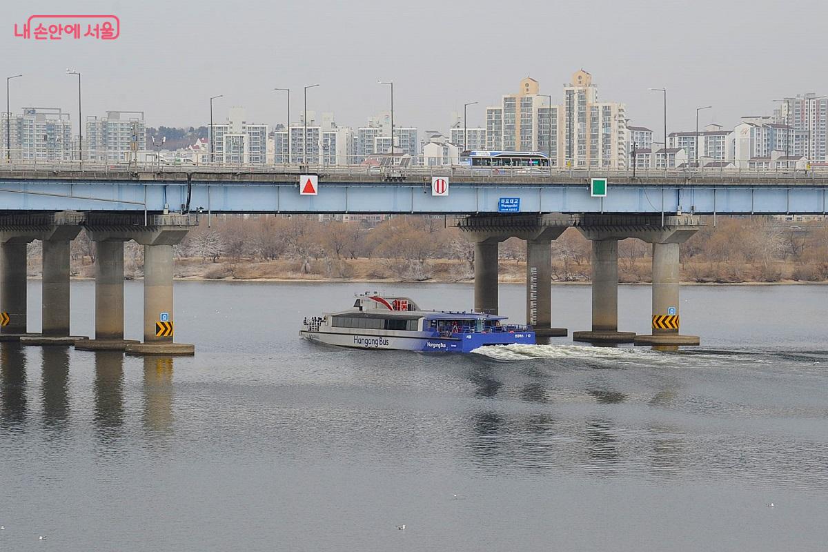 운항 표지를 따라 마포대교 교각 아래를 지나는 마곡행 한강버스 &copy;조수봉