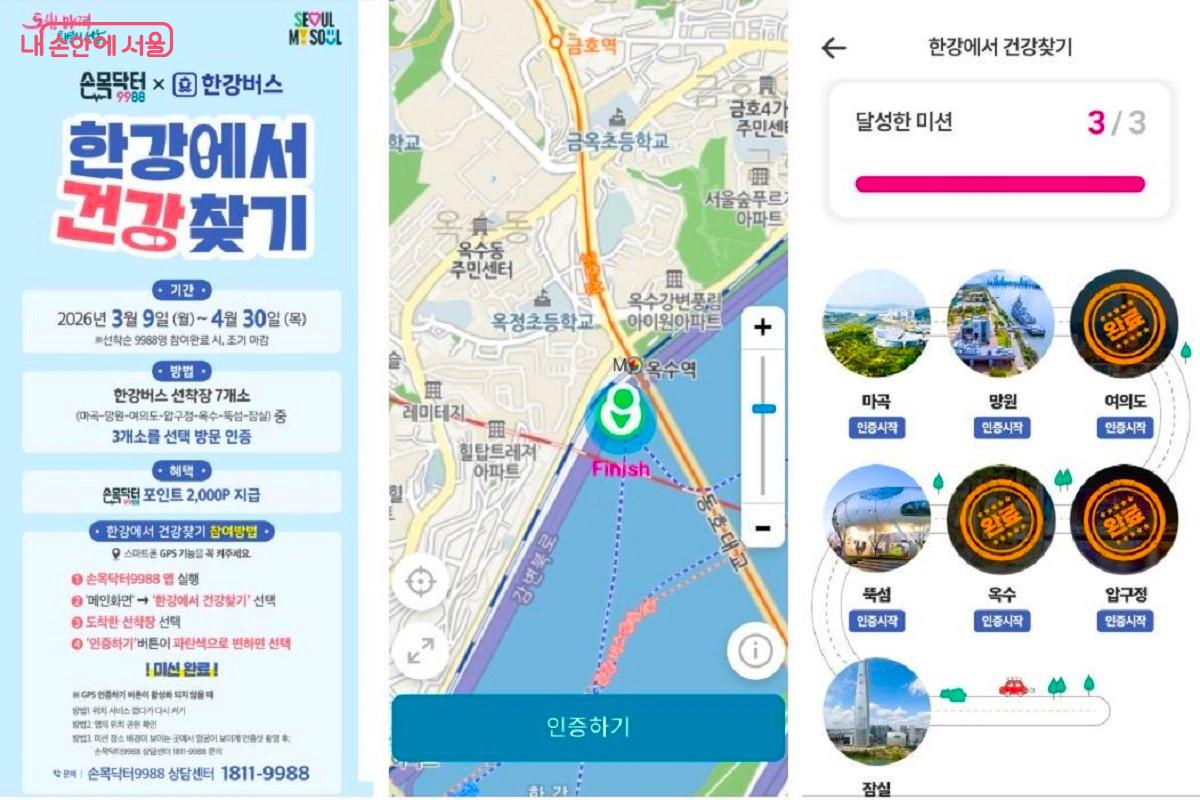 한강버스 7개 선착장 중 3곳에 도착해 GPS 인증을 완료하고 손목닥터9988포인트를 쌓았다. ⓒ서울시