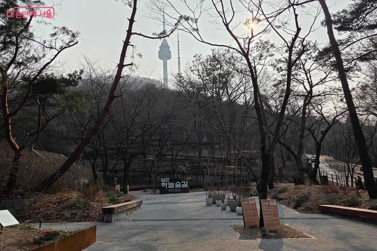 N서울타워 방향으로 &lsquo;남산 하늘숲길&rsquo; 표지판이 보인다. &copy;이다현