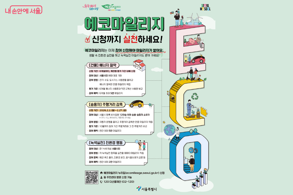  2026년 서울시 에코마일리지 통합 홍보 포스터이다. 상단에는 '에코마일리지 신청까지 실천하세요!'라는 문구와 함께 참여 신청을 강조하는 체크표시 아이콘이 있다. 본문은 [건물] 에너지 절약, [승용차] 주행거리 감축, [녹색실천] 친환경 행동 세 부분으로 나뉘어 신청 기간, 대상, 방법, 혜택을 상세히 설명한다. 오른쪽에는 커다란 'ECO' 알파벳 조형물 위에서 시민들이 태양광 패널을 점검하거나 전기차를 충전하고 나무에 물을 주는 등의 탄소중립 실천 일러스트가 배치되어 있다. 하단에는 홈페이지 주소(ecomileage.seoul.go.kr)와 QR코드, 120 다산콜재단 안내가 포함되어 있다.