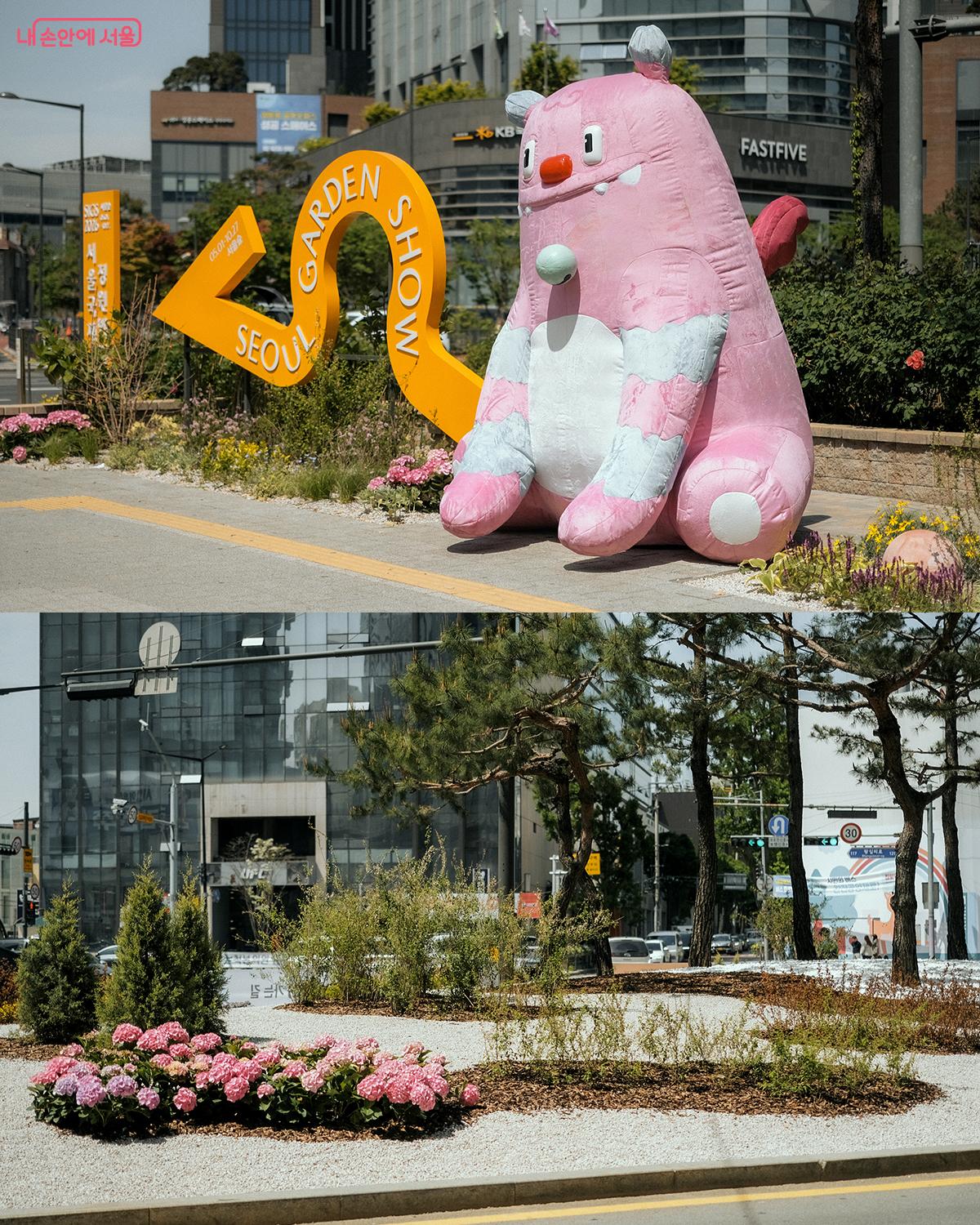 뚝섬역교차로 교통섬(성동구 성수동1가 656-865 일대)에 조성된 성수 마중가든 (이남진 작가). 여기서 조금만 걸어가면 서울숲이 나오며, 해치가 반겨준다. ©김아름