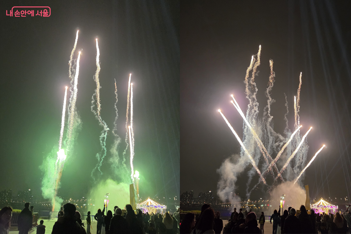 불꽃은 리듬을 타며 밤하늘을 수놓으며 한강공원 야경 관광코스가 되다.&copy;장미화