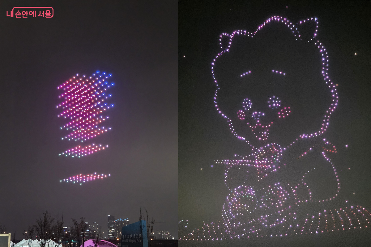 수백 대의 드론이 만든 서울 하늘 위의 멋진 현대 기술 모습을 드러낸다 &copy;장미화
