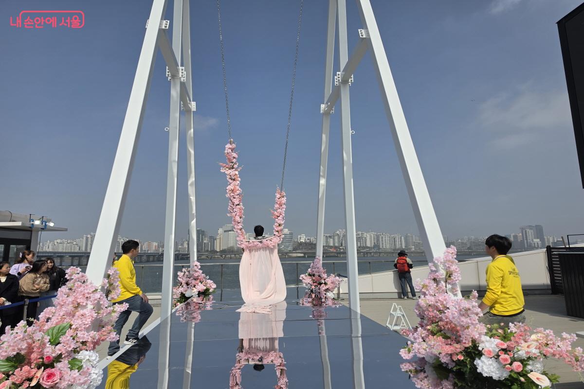 여의도 선착장 옥상에 마련된 벚꽃 그네.