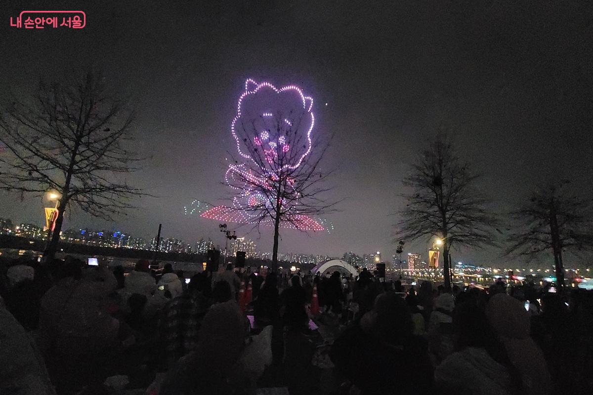 빛으로 그려낸 캐릭터 형상이 드론으로 구현되었다. &copy;조연