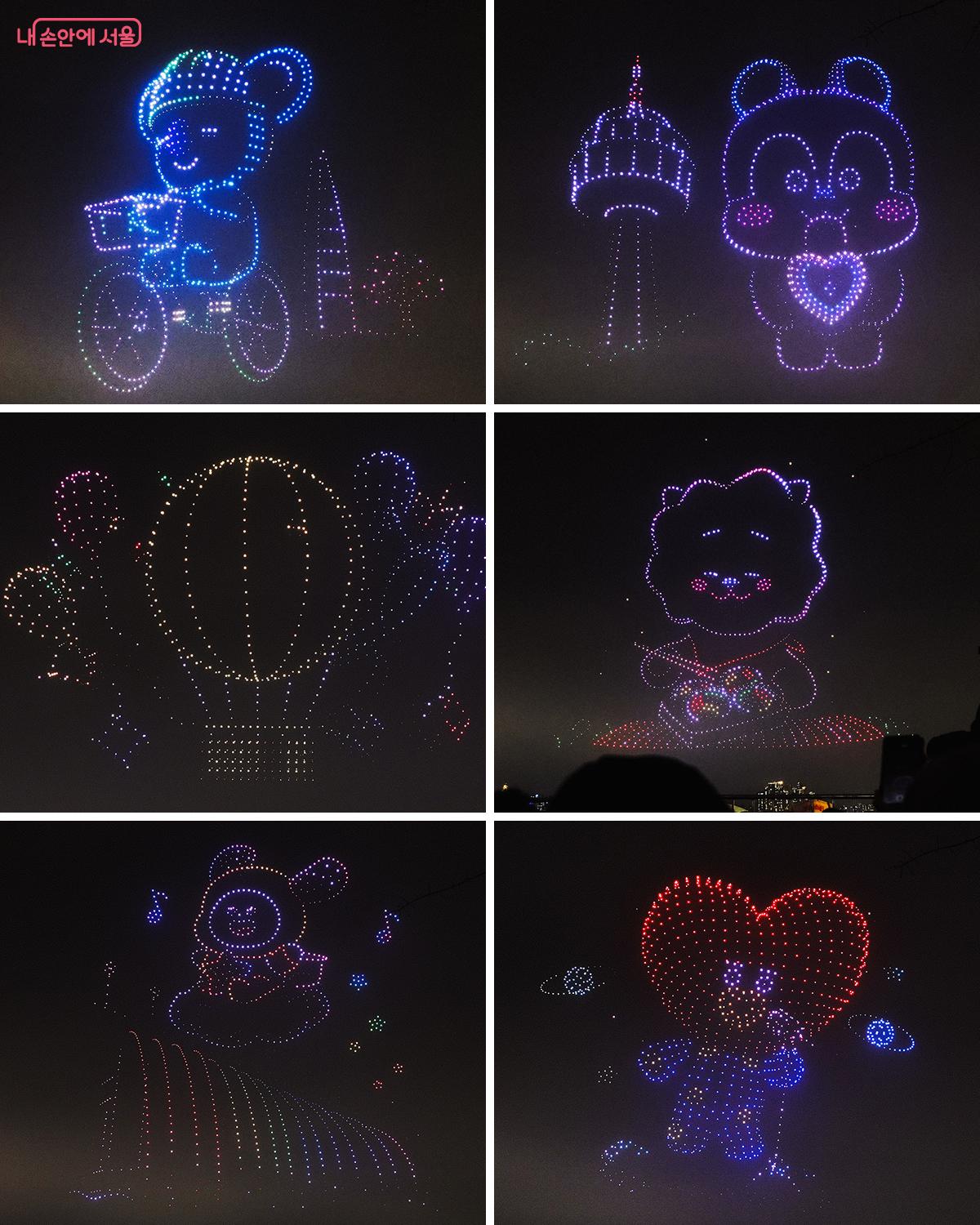 BT21 캐릭터와 함께 광화문, N서울타워, 롯데타워, 여의도공원 서울달, 노들섬, 반포대교 달빛무지개분수 등 서울의 명소를 표현한 드론 라이트쇼 ©김아름